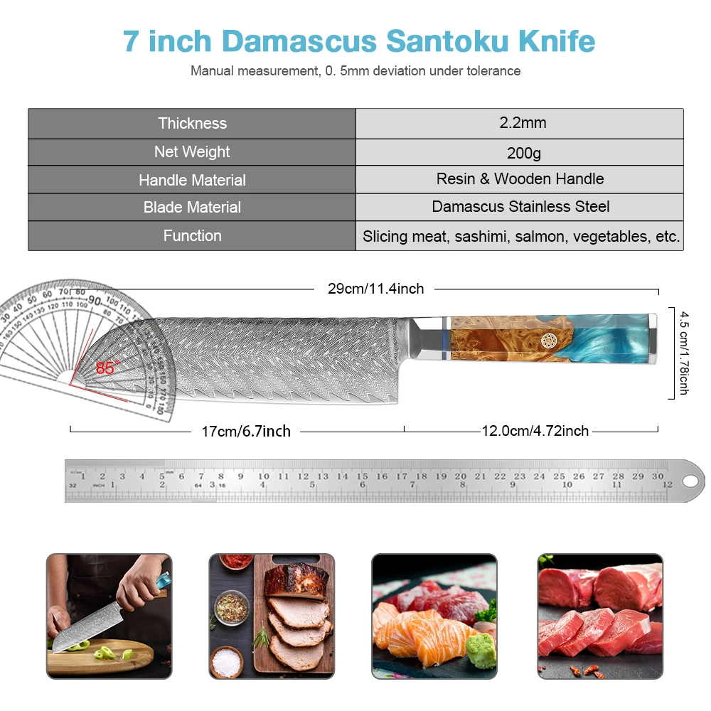Couteau Damas Santoku 7 pouces de cuisine tranchante Couteaux de chef Japonais Damas Damas Steel Couteau pour la cuisson à la coupe de viande de légumes