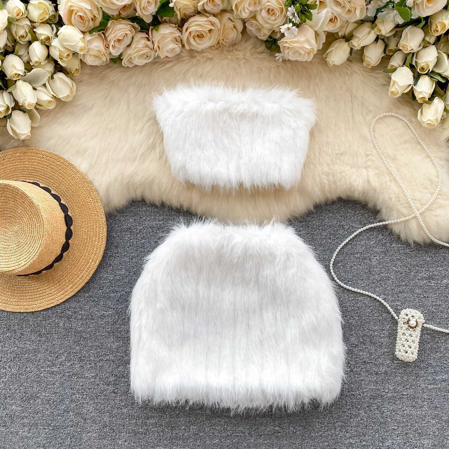 Two Piece Dress American Chic Fur Skirt Sets Women Strapless Backless Tank Tops + High Waist Sheath Sexy Mini Skirt Female Club Set Dropshipping Y240508