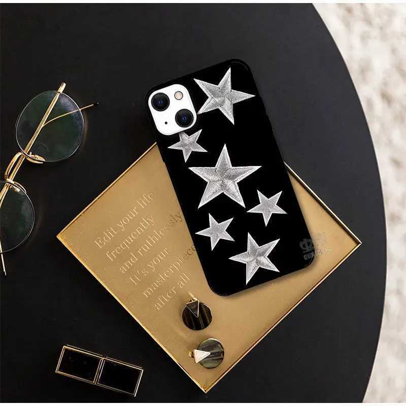 Études de téléphone portable Cool Silver Star Gloss Black Fashion Téléphone Fashion pour iPhone 15 14 13 Pro Max 11 12 Mini XR XS Max 7 8 Plus couverture de cas d'amortisseur J240509