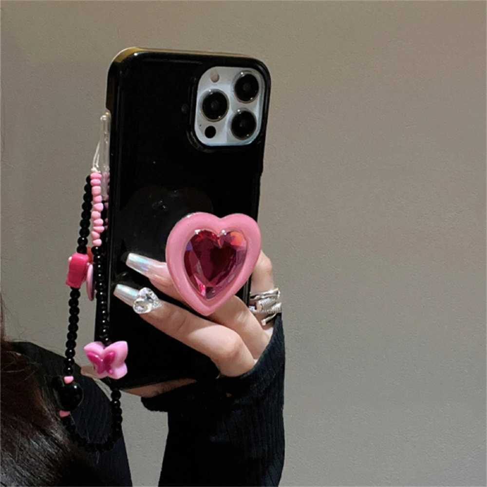 Cell Phone Cases Princess Gem Heart Holder Butterfly bead Strap Candy Phone Case For iphone 15 14 12 Pro Max 11 13 Pro X XS XR 7 8 Plus SE Cover J240509