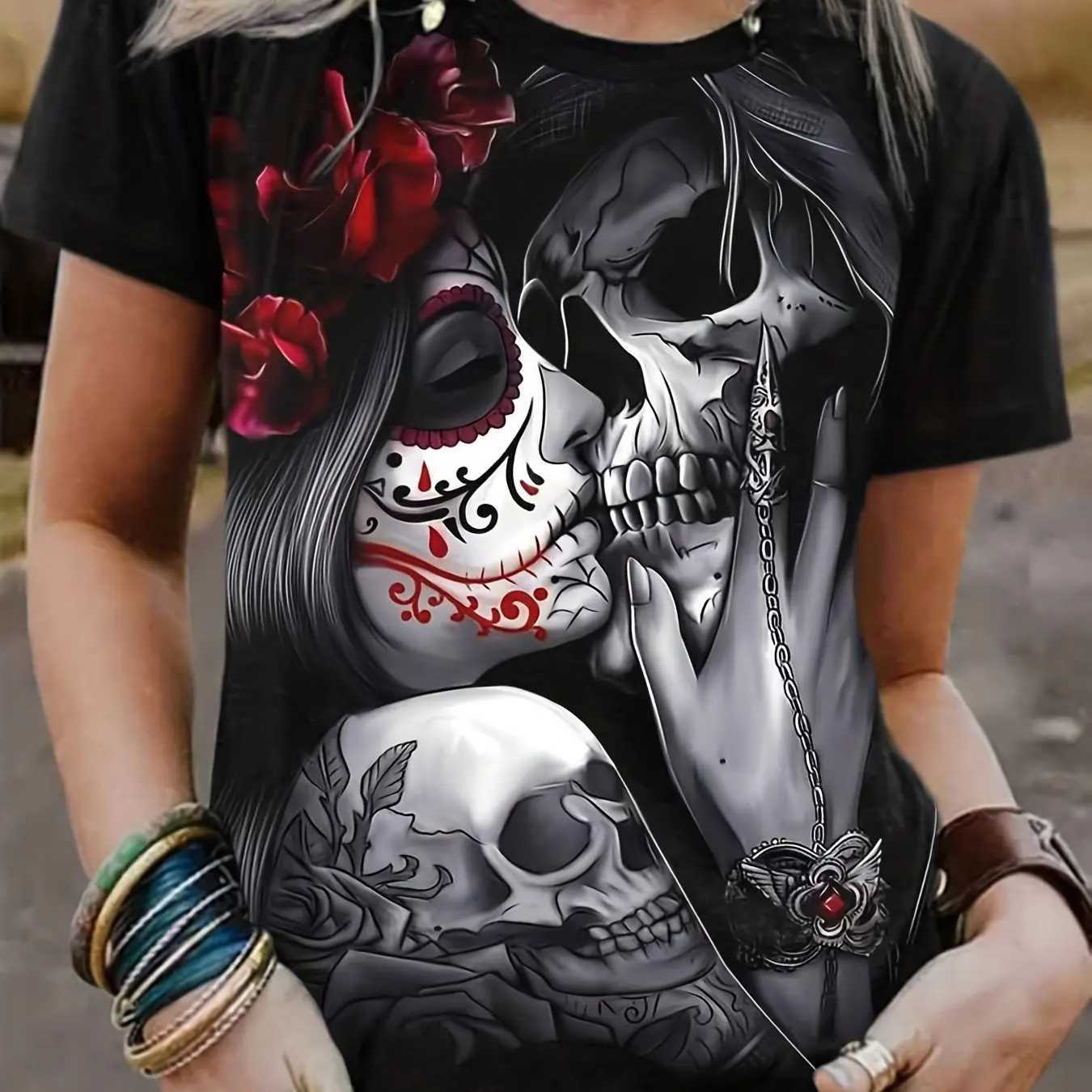 T-shirt da donna T-shirt goth t-shirt figura figura floreale stampa 3d rotonda collo corto slve leggera maglietta elasticizzata donna strtwear t240507