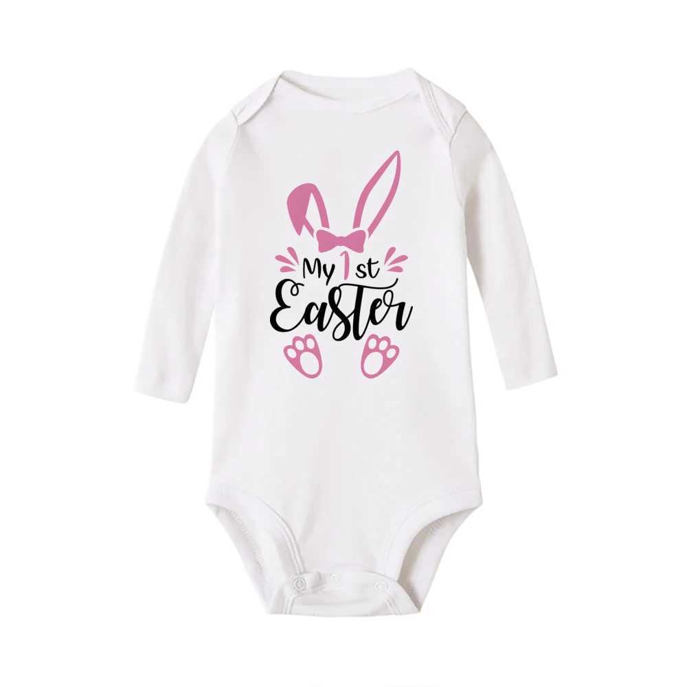 Rompers mijn eerste paasbaby Romper pasgeboren vakantie Bodysuit Bunny Gedrukte lange mouw kleding ester feestjongen meisjes outfits jumpsuit t240509