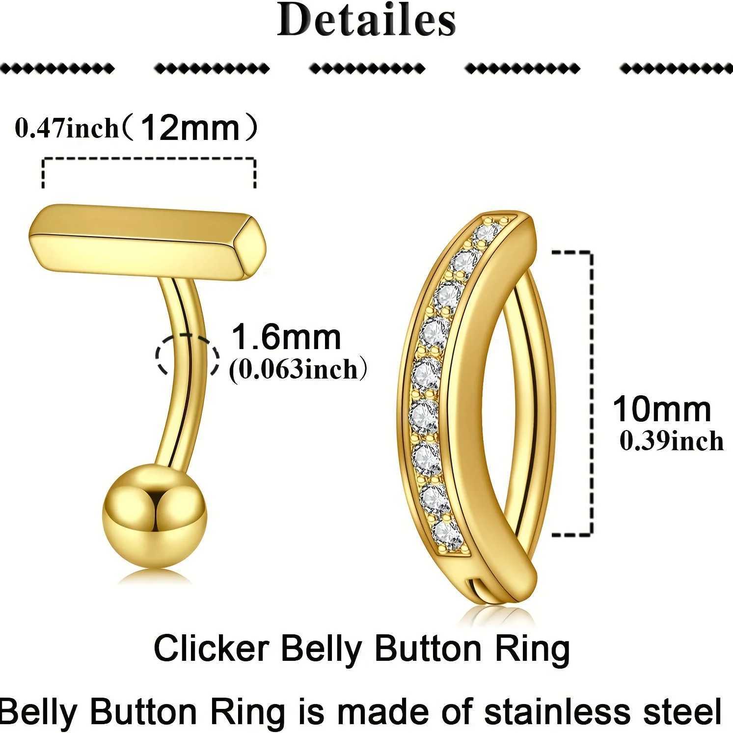 Anneaux de nombril Golden Boully Rings Rings Pack en acier inoxydable 10 mm Coeur Fleur Zircon Crystal Navel Hoops Clicker Belly Piercing Jewelry D240509