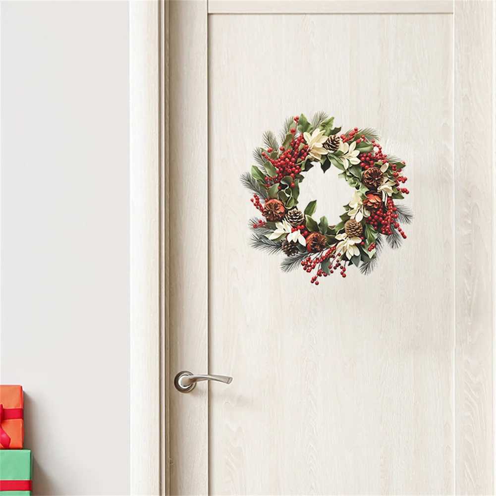 Decorative Flowers Wreaths Christmas Wall Window Stickers Simulation Pinecone Berry Wreath Pattern PVC Xmas Stickers For Kids Room Nursery Decoration