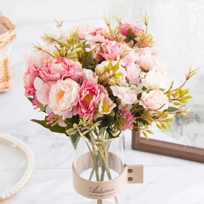 Decoratieve bloemen kransen Silk Peonies Bouquet Artificial Flowers Kerstdecoraties voor Home Indoor Fake Flowers Foto Props Geschenk Rose Bouquet Wedding