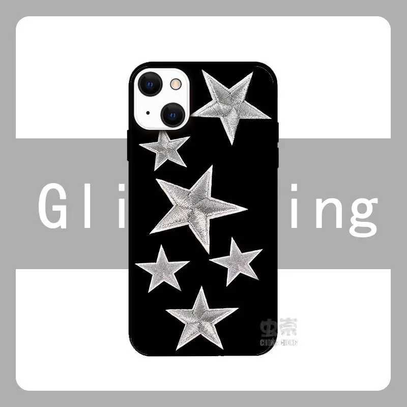 Études de téléphone portable Cool Silver Star Gloss Black Fashion Téléphone Fashion pour iPhone 15 14 13 Pro Max 11 12 Mini XR XS Max 7 8 Plus couverture de cas d'amortisseur J240509