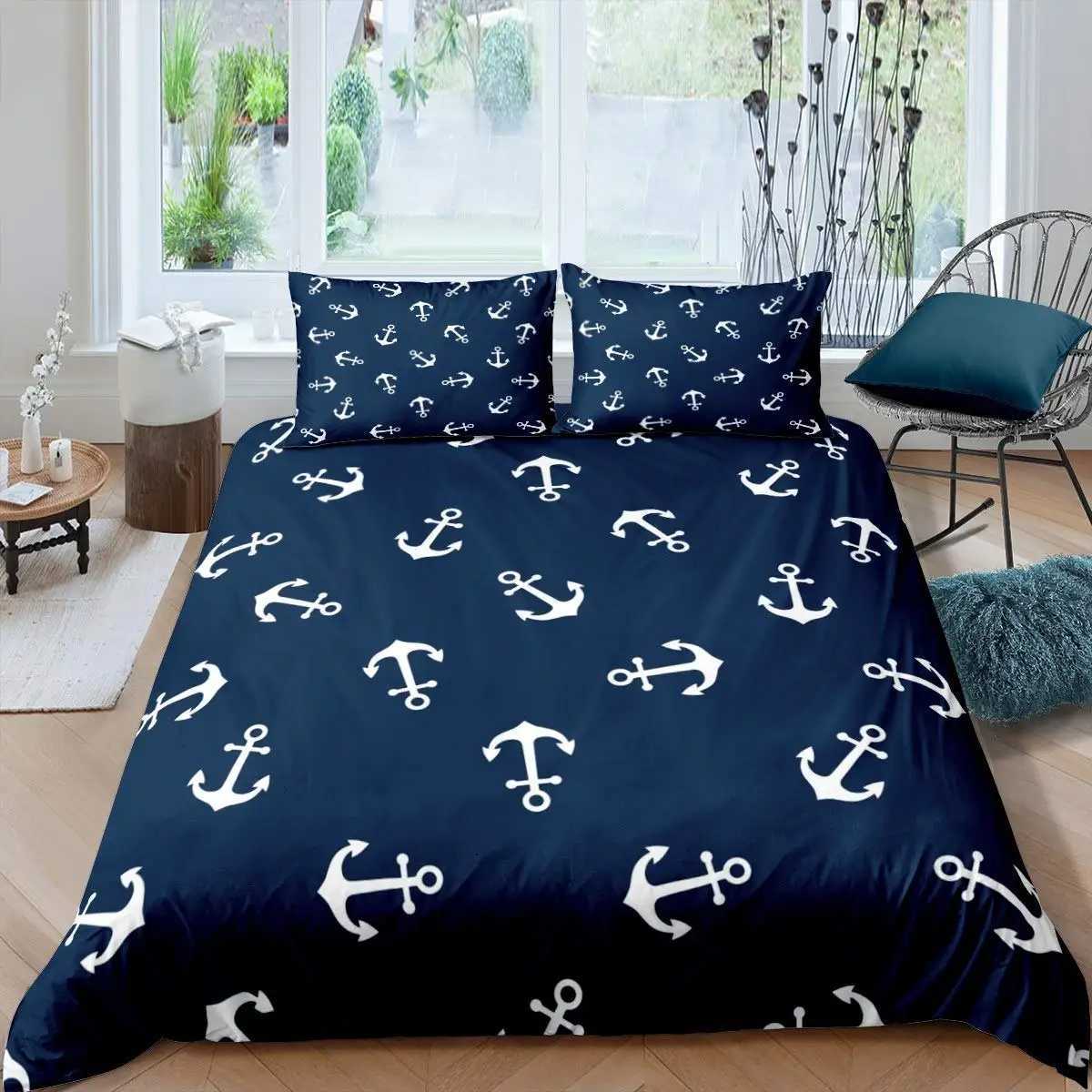 Literie sets marins literie ancre océan décoration baisse de couette sailor pirate capitaine océan aventure lit couverture de lit enfant navire bleu marine j240507