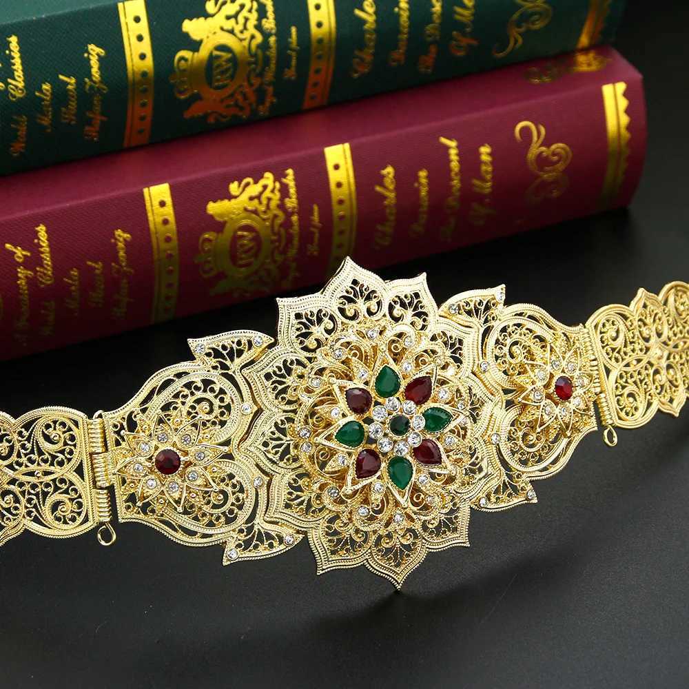 Bälten Sunspicems Gold Color Moroccan Caftan Belt for Women Dress Midje kedjebälte Arabiska brudbröllopsmycken Robe Sash Body Chain T240509