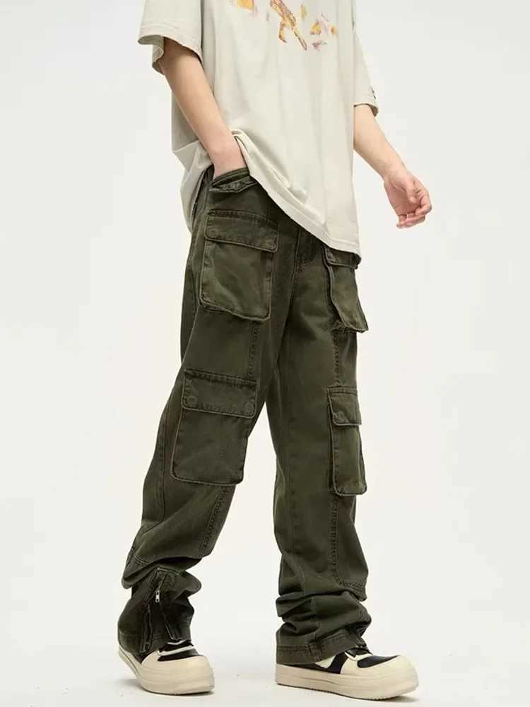 Herr jeans cyber y2k streetwear multi fickor vintage gröna bagagevaror män raka lyxbyxor vaqueros q240509