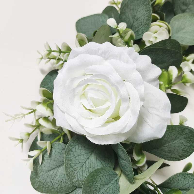 Декоративные цветы венки искусственные белые розовые венок зеленые листья эвкалипт гирлянда поддельный цветочный венок для украшения двери домашний декор
