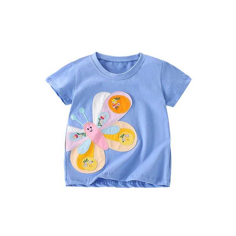 T-shirts springmeter 2-7T Girls T-shirt 2024 Zomer kinderen Kleding Kort mouwen Childrens T-shirt Top Baby Butterfly Decal Shirtl240509