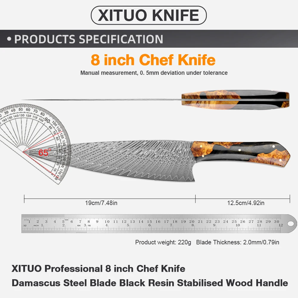XITUO Chef coltello da 8 pollici da cucina da 8 pollici Damasco in acciaio superbo ritenzione tagliente tagliente coltello nero in legno stabilizzato