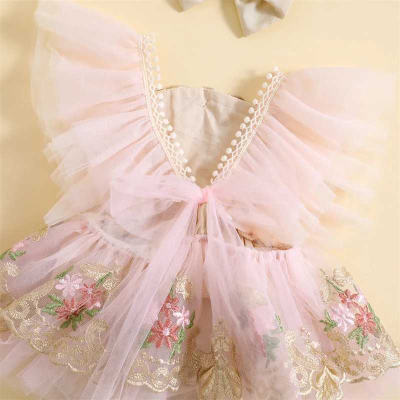 Rompers nouveau-né bébé fille douce roberie robedcuted broderie fleur manche en filet bowknot hairband princesse tenues h240508