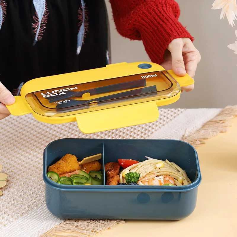 Lunchlådor Väskor Portable Plastic Bento Box för kontorsarbetare Läcka Proof Microwave Safe Food Containers Lunchlåda med gafflar och skedar