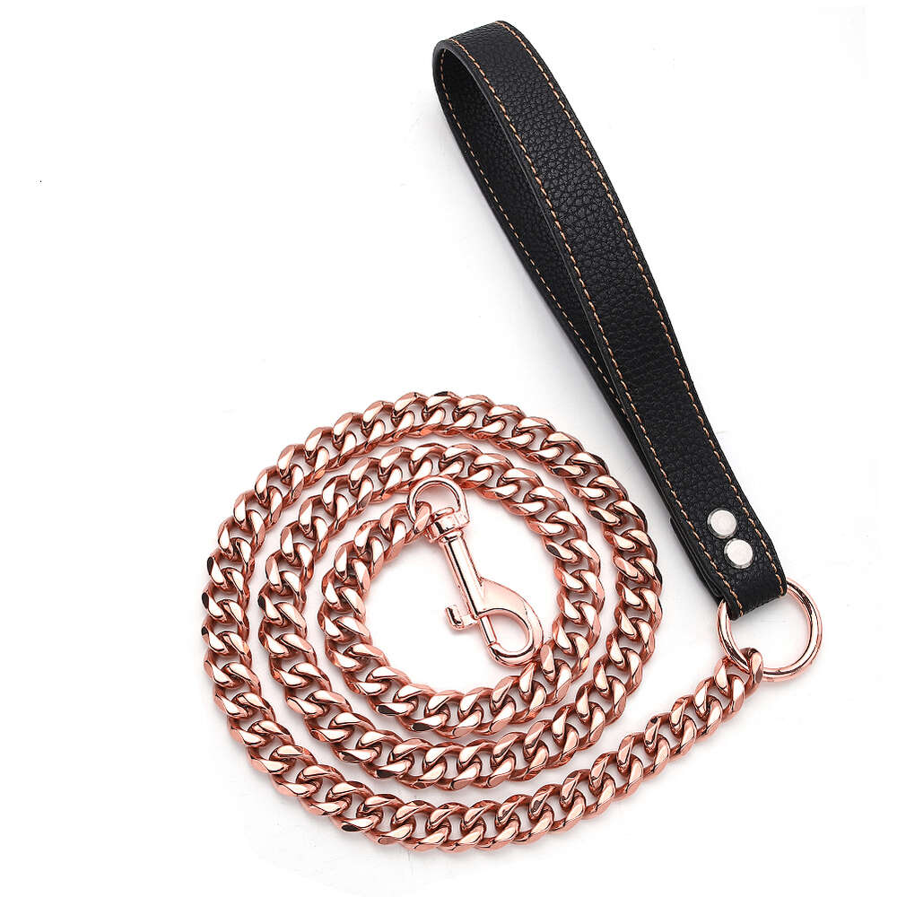 11mm/15mm Rose Gold Tone Stainless Steel Cuban Link Chain Dog Leash with Leather Handle Dog Chain Leash 3FT/4FT/5FT