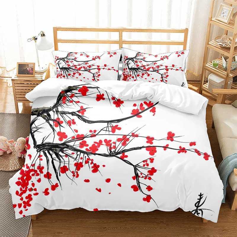 Beddengoed sets Japanse down dekbedovertrek bloeiende kersenbloesembomen kersenbloesems lente bloemen polyester beddengoed full -size/extra grote j240507