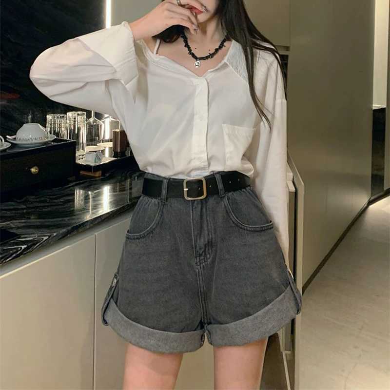 Women's Shorts Hdspq ultra wide waist denim shorts for womens 2023 summer loose leg shorts for womens A-line shorts Y240504