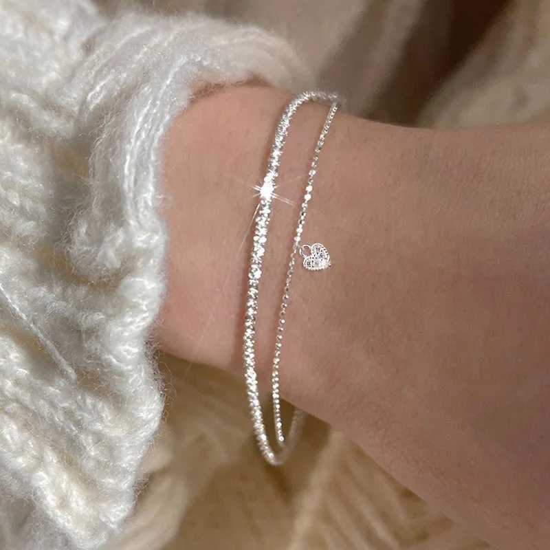 Bröllopsarmband Trend Ny silverfärg Sparkling Armband för kvinnor Utsökta glänsande dubbla lagerkedjor Armband Bröllopsfest smycken gåva