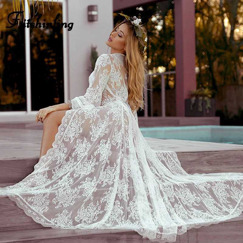 Basic Casual Dresses Fitshinling Summer Dance Wear Cover Up Lace Shr Sexy Chic White Long Cardigan Swimwear Flare Slve Bohemian Cover-ups Outer T240508