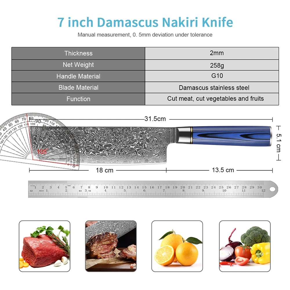 Coltello nakiri da 7 pollici da cucina da cucina da cucina vegetale palette asiatico coltellino damasco acciaio full tang g10 manico coltello da taglio