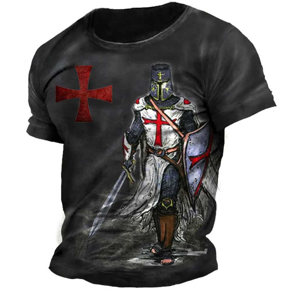 Herr t-shirts retro riddare templar tryck mens t-shirts sommar lös polyester korta slve manliga toppar Crusader soldatkläder kläder T240506