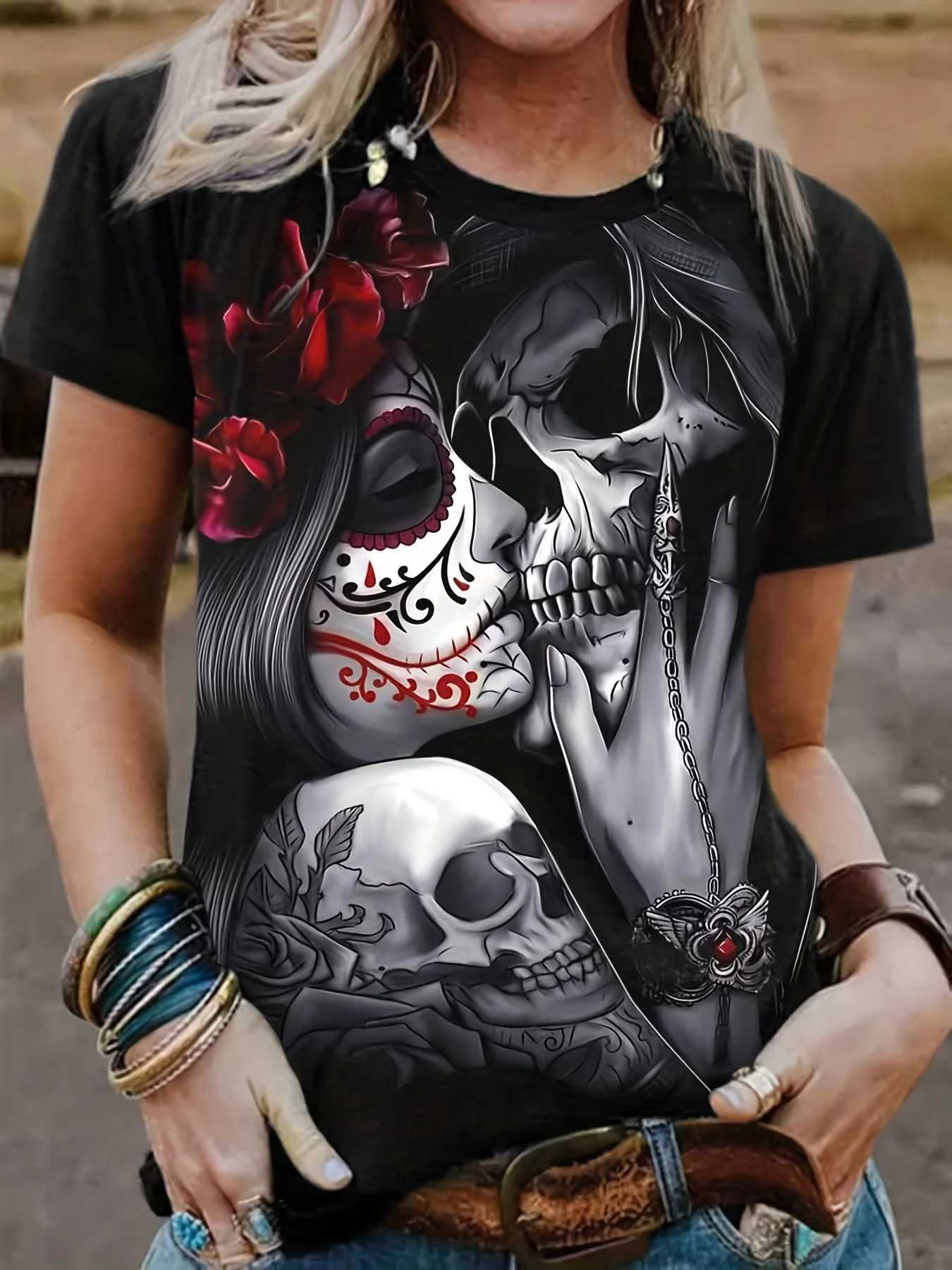 T-shirt da donna T-shirt goth t-shirt figura figura floreale stampa 3d rotonda collo corto slve leggera maglietta elasticizzata donna strtwear t240507