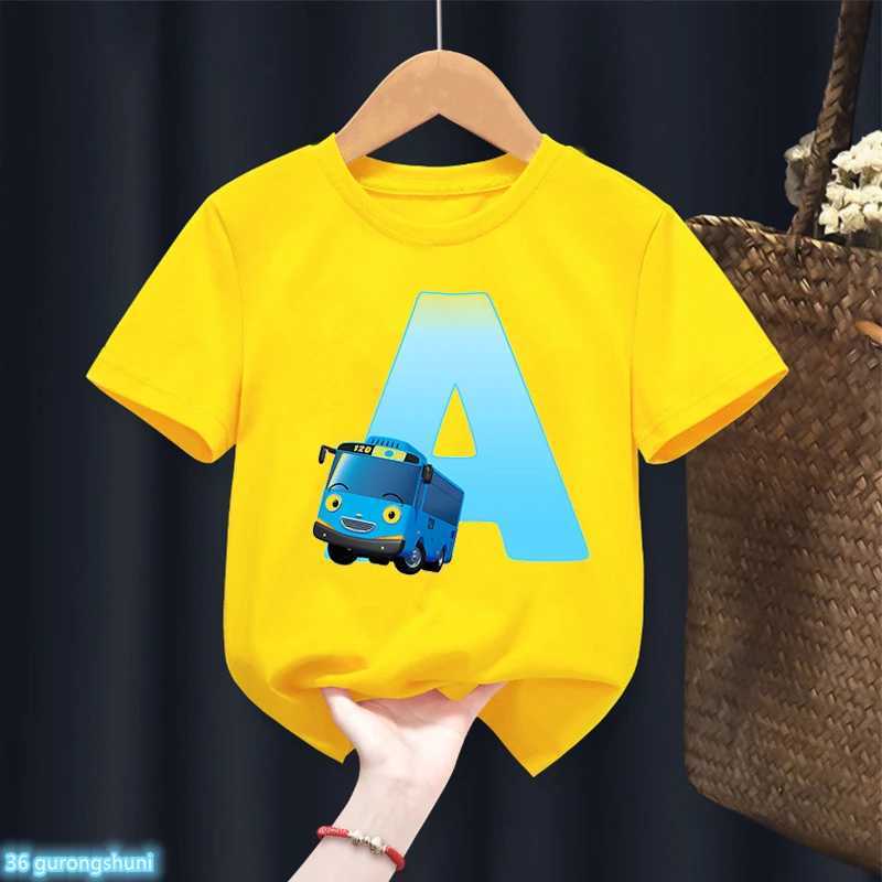 T-Shirts Jungen T-Shirt Fun Cartoon Tayo und Kinder Alphabet gedruckter Name Jungen Kleidung Sommer Kinder T-Shirt gelb Kurzarm T-Shirtl2405
