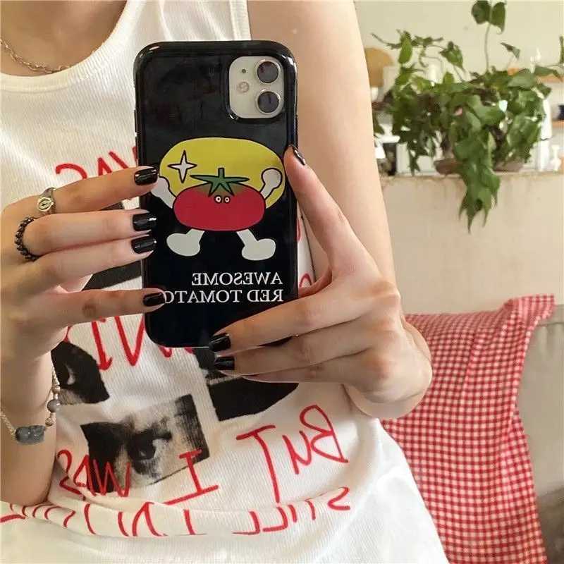 Case di telefonia cellulare cargo Cartoon Tomato Gloss Black Phone Custodia iPhone 11 12 14 Pro Max 13 Mini 7 8 Plus XS Max XR Coperchio della custodia ammortizzante adorabile J240509