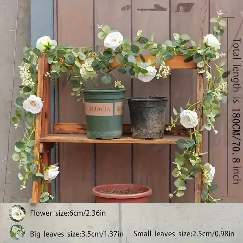 Decorative Flowers Wreaths of 180cm eucalyptus Garland With Flowers-8 white rose artificial flower green Garland vine used for decorating party