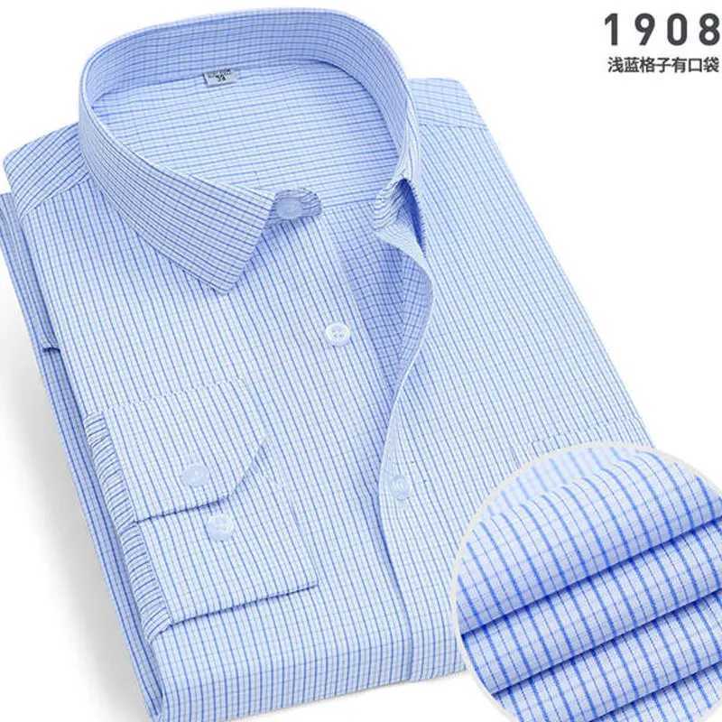 メンズドレスシャツ新しい春と秋の格子縞のストライプフォーマルメンズシャツ長袖作業服ビジネスカジュアル無料アイロンスリムソリッドカラーD240427