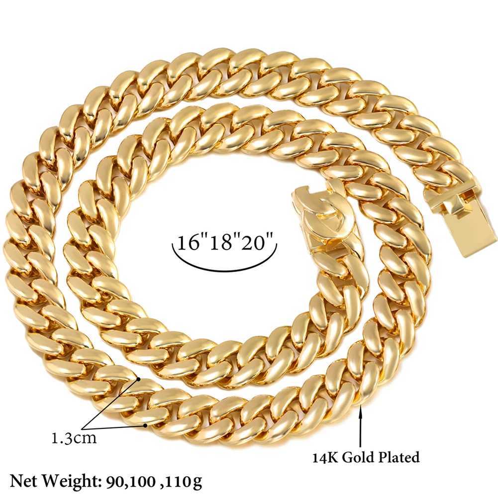 Ketten HipHop Golden 13mm Bordsteinkubaner Linkkette Halskette für Männer Frauen Miami Kubanische Halskette Armband Set Chunky Kette Mode Schmuck D240509