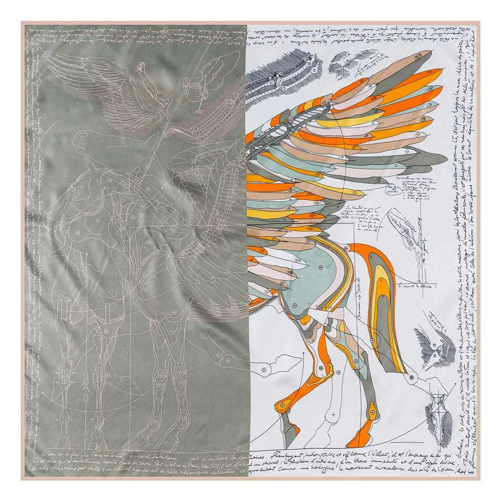 Scarves Manual Hand Rolled Twill Silk Scarf Women Fly Horse Print Square Echarpes Curled Foulards Femme Wrap Bandana Hijab 90CM Q240508