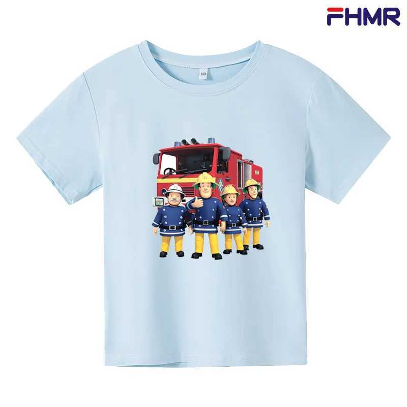 T-Shirts 2024 Sommer Neue Jungen und Mädchen Feuerwehrmann Sam Short Sleeved T-Shirt Childrens T-Shirt Jungen Kostüm Rollenspiele Kostüm240509