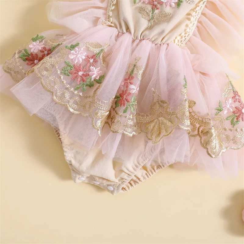 Rompers nouveau-né bébé fille douce roberie robedcuted broderie fleur manche en filet bowknot hairband princesse tenues h240508