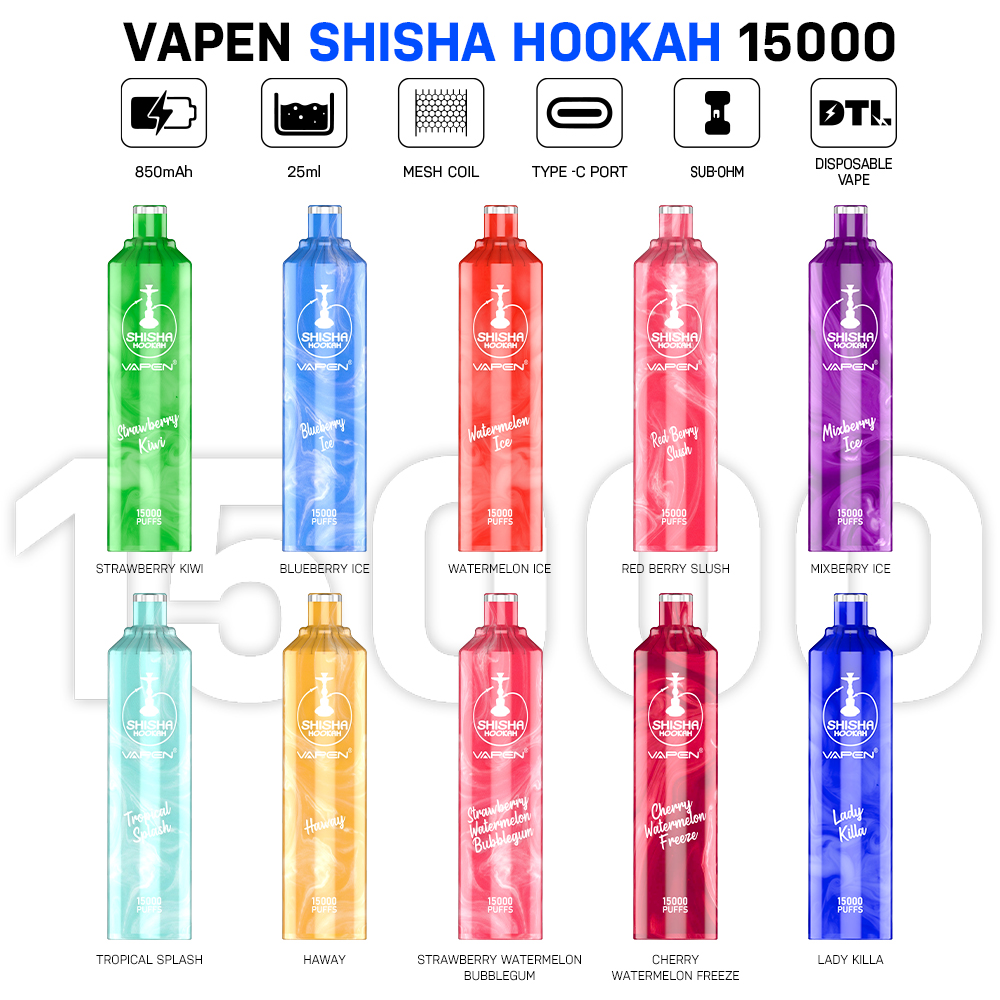 EU卸売Vapen Shisha Hookah 15000 Puffs 15k Puff dtl Dosuperable Vape Sub-Ohm Mesh Coil 850mahバッテリークリスタルデザインTornado充電式純粋なジュース蒸気