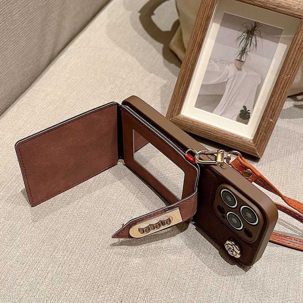Cell Phone Cases Wallet Crossbody Neckband Lanyard Camellia Phone Case for iPhone 14 11 15 Pro 13 12 Pro Max Luxury Card Holder Protection Cover J240509
