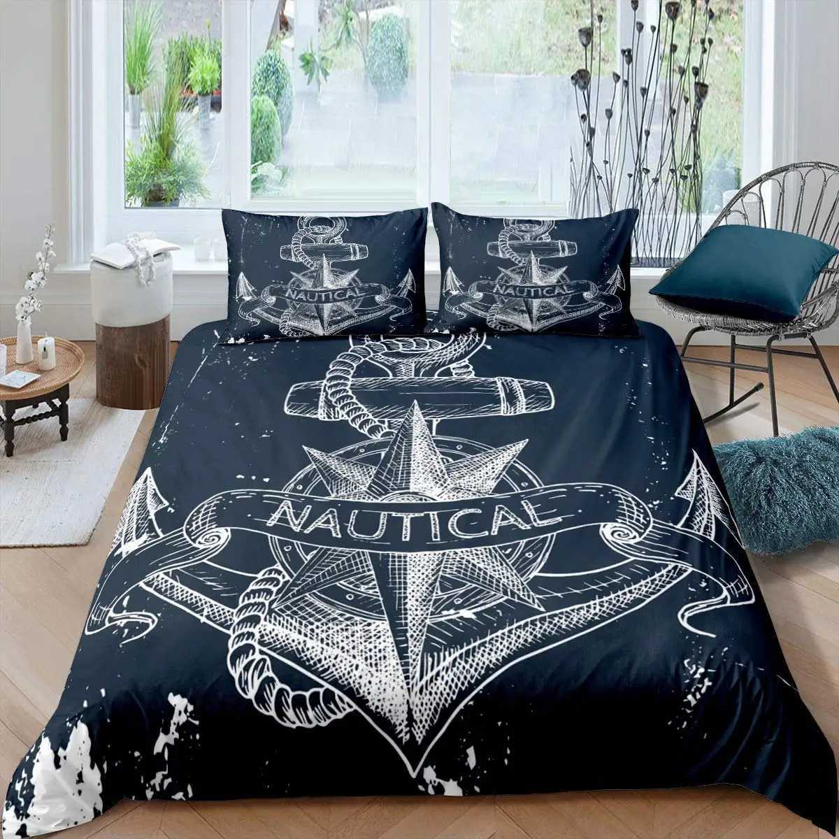 Literie sets marins literie ancre océan décoration baisse de couette sailor pirate capitaine océan aventure lit couverture de lit enfant navire bleu marine j240507