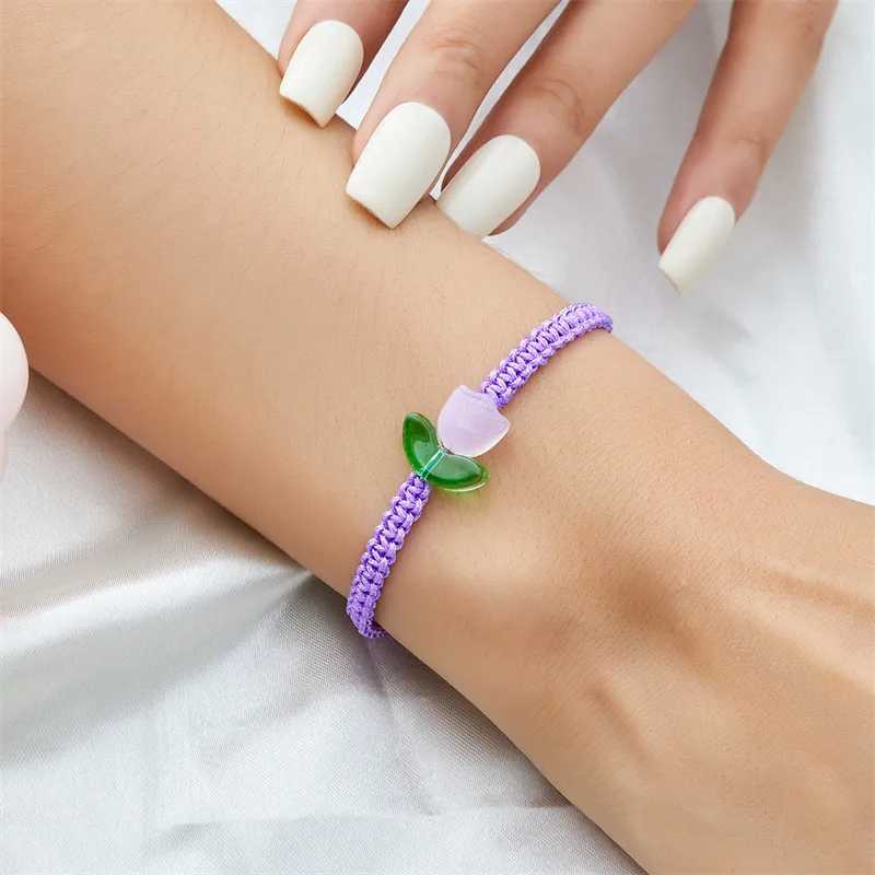 Bröllopsarmband koreanska tulpaner armband för kvinnor mode blommor älskare handgjorda flätade rep armband armband vänskap bröllop smycken gåva