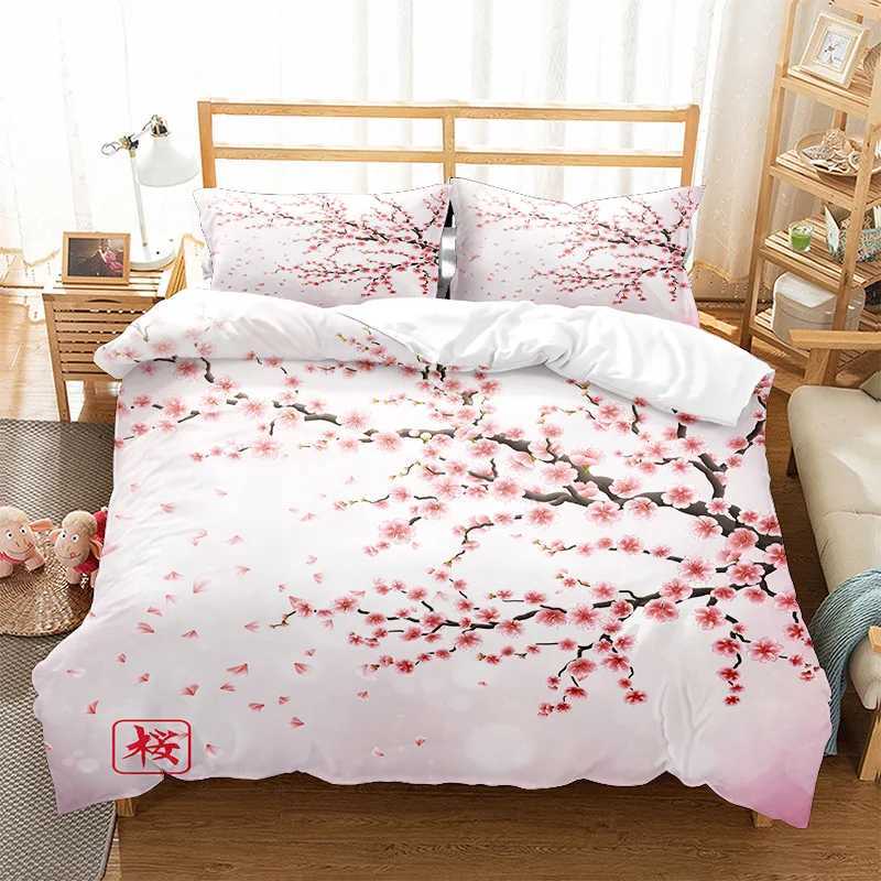 Beddengoed sets Japanse down dekbedovertrek bloeiende kersenbloesembomen kersenbloesems lente bloemen polyester beddengoed full -size/extra grote j240507