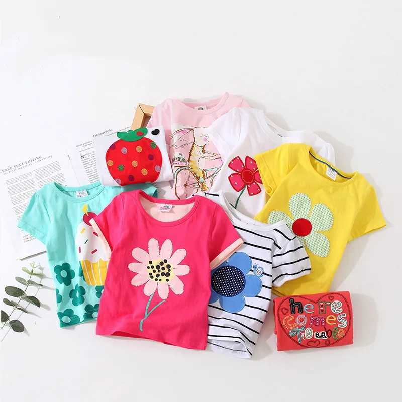 T-shirts Summer 2024 Nouvelle arrivée 2 3 4 5 6 8 10 ans Childrens Flower Imprimé bébé Top Basic Carton Cotton Girls Court T-shirtl2405