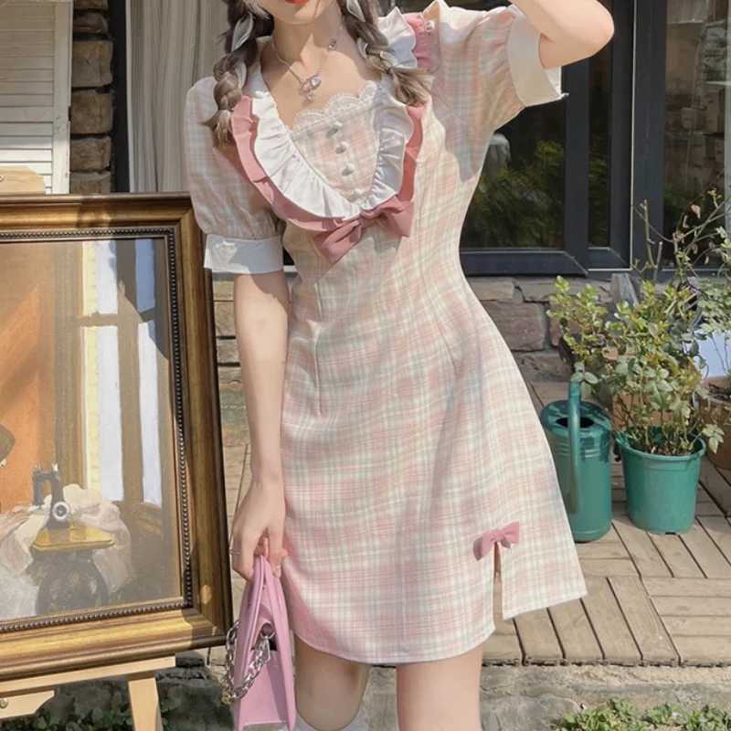 Basic Casual Kleider zweiteilige Kleidung 2024 Neues Sommer Französisch Süßes Mädchen Bogen flache Taille Frauen Gewichtsverlust Kleid y2k Kleidung Kawaii Kleidung LOLITAL2405