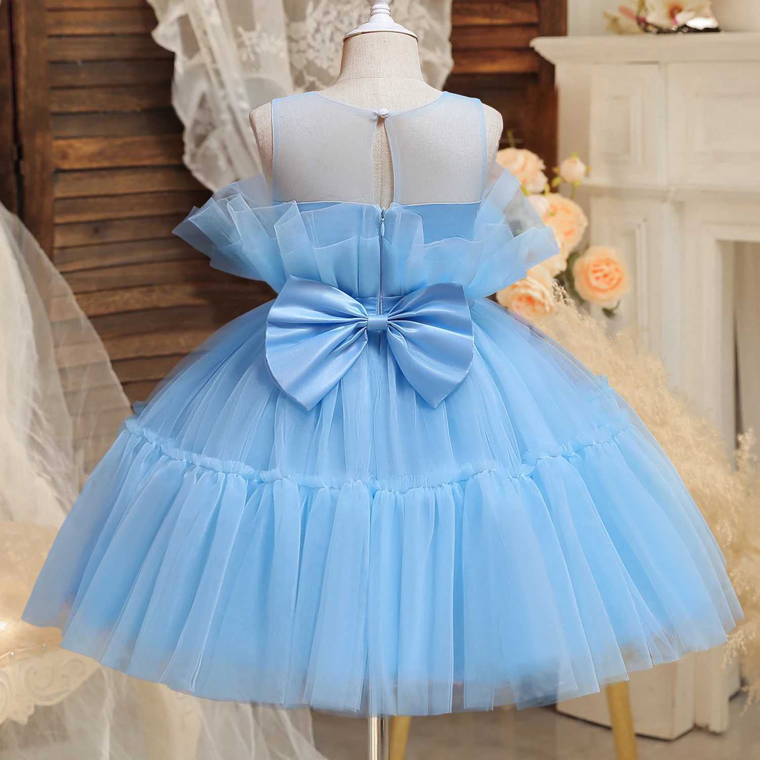 Girl's Dresses Baby Girl Summer Dress Toddler Girl Blue Bow Birthday Evening Party Tutu Gown Kids Formal Pageant Gala Cloth Infant Casual Wear