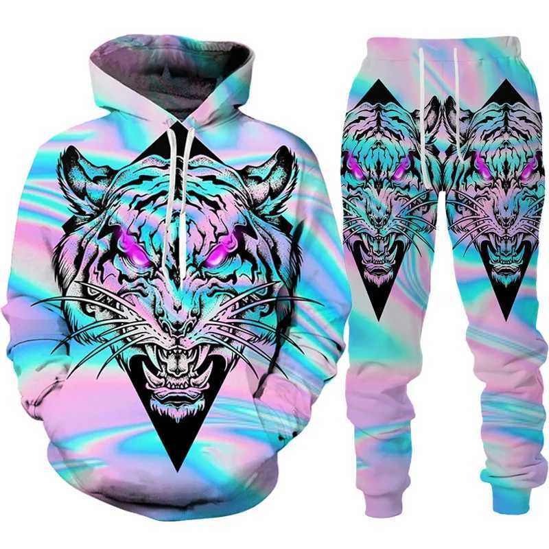 Tracksuits voor heren Cool Tiger 3D Animal Print Hoodie+Pants Set lange mouw Zipper Mens Sportswear paar Set Two Piece Jogging Setl2405