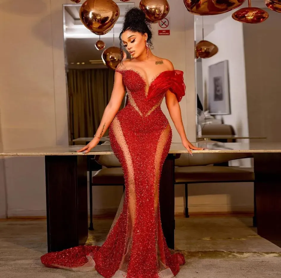 Sparkly Beaded Sequins African Mermaid Evening Dresses Red Sheer Cap Sleeves Aso ebi Formal Dress Black Women Party Prom Gowns With Lace Up Back 0322