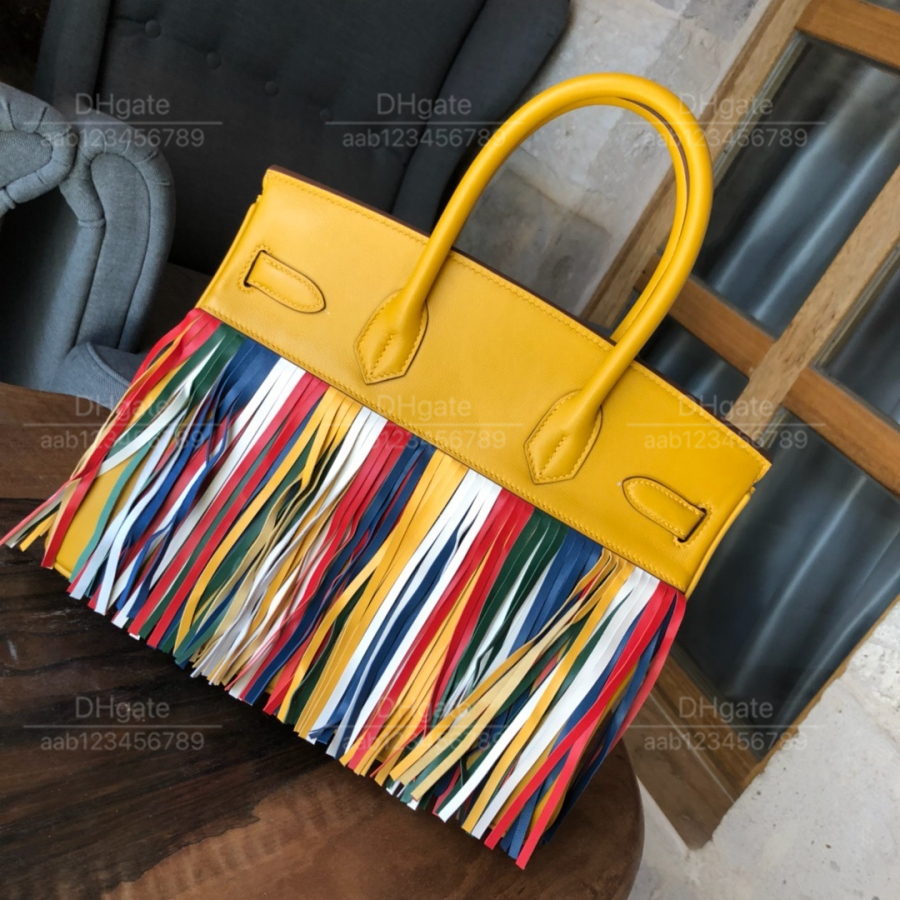 12a Top Mirror Quality Luxury Classic Designer Bag Woman's Handbag Bag All Handgjorda äkta läderväska 30 cm Gul stor kapacitet Tote Creative Clashing Tassel Bag