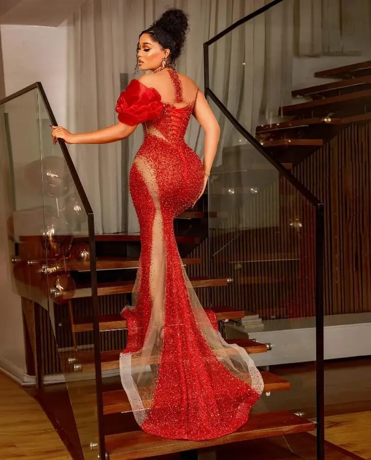 Sparkly Beaded Sequins African Mermaid Evening Dresses Red Sheer Cap Sleeves Aso ebi Formal Dress Black Women Party Prom Gowns With Lace Up Back 0322