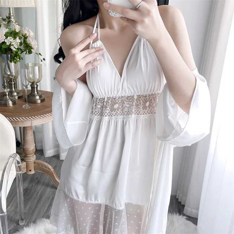 Kadınlar Robe Seksi Patchwork Dantel Nightdress Kimono Batah Nightgown Elbise Kadın Nighty Corn Set Yaz Saten Ev Elbise Samimi Çamaşırı