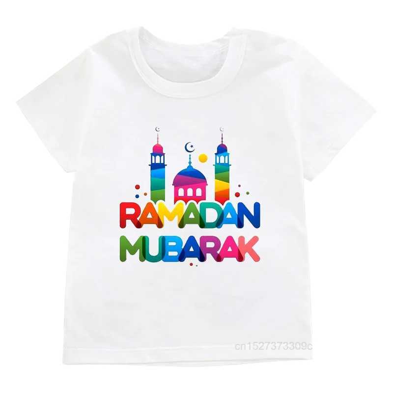 T-shirts Childrens Happy Ramadan Mubarak T-shirt blanc imprimé pour garçons / filles lune / lanterne T-shirt Childrens Shirt islamic Muslim Casual Topl2405