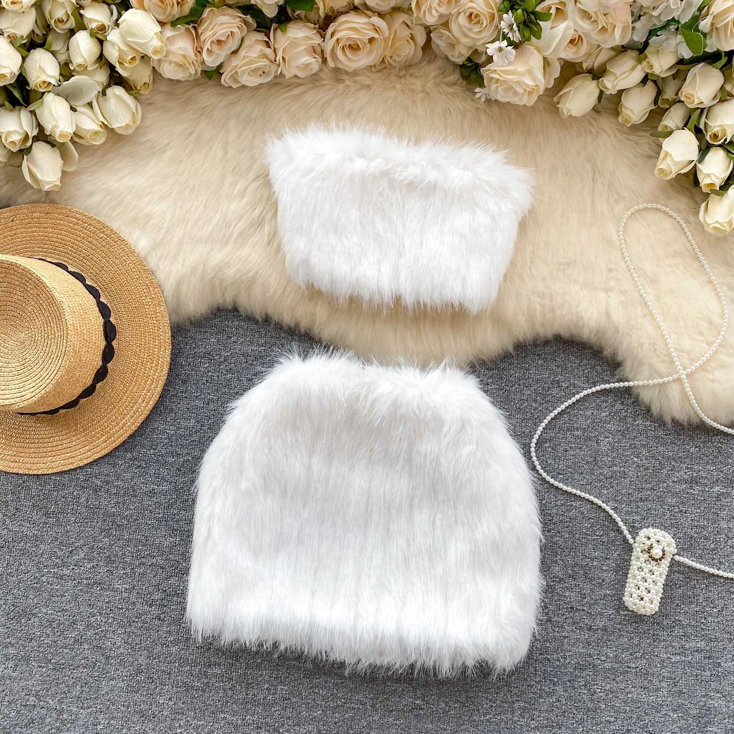 Two Piece Dress American Chic Fur Skirt Sets Women Strapless Backless Tank Tops + High Waist Sheath Sexy Mini Skirt Female Club Set Dropshipping Y240508