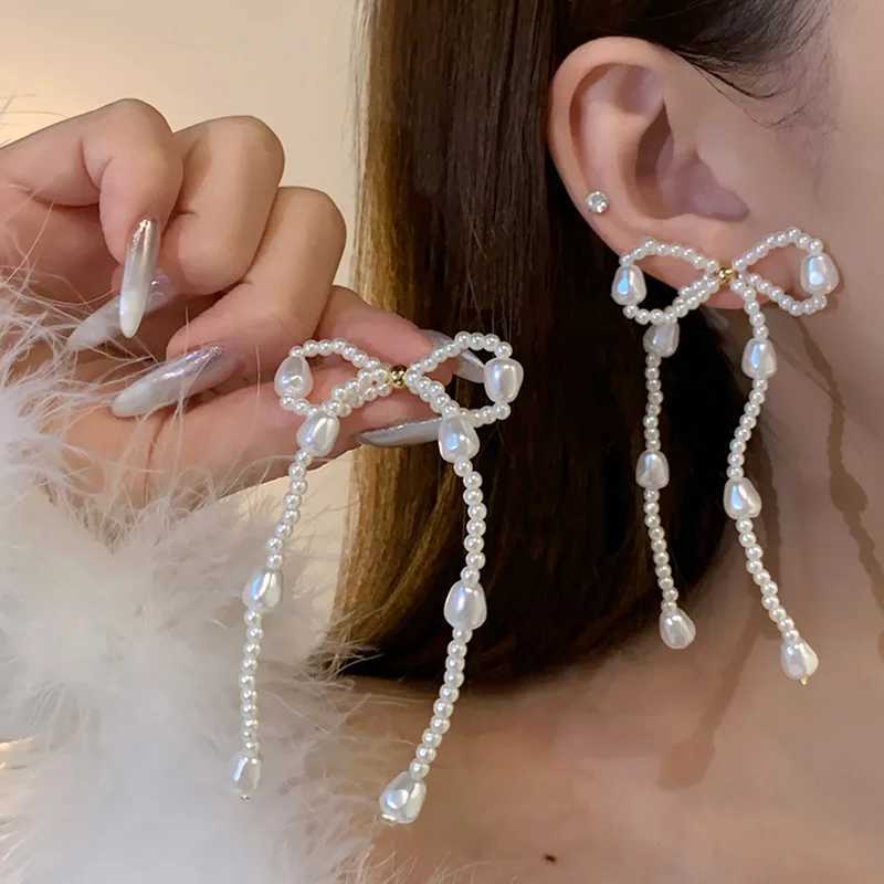 Stud Fashion White Imitation Pearl Stud Earrings for Women Exquisite Bow Long Tassel Chain Dangle Earrings Wedding Jewelry